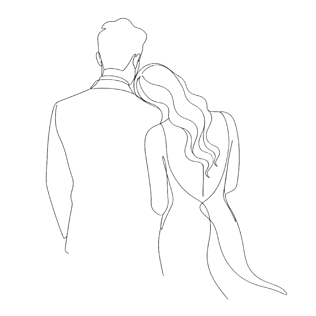 Line-art sketch of a bride resting her head on the groom's shoulder
